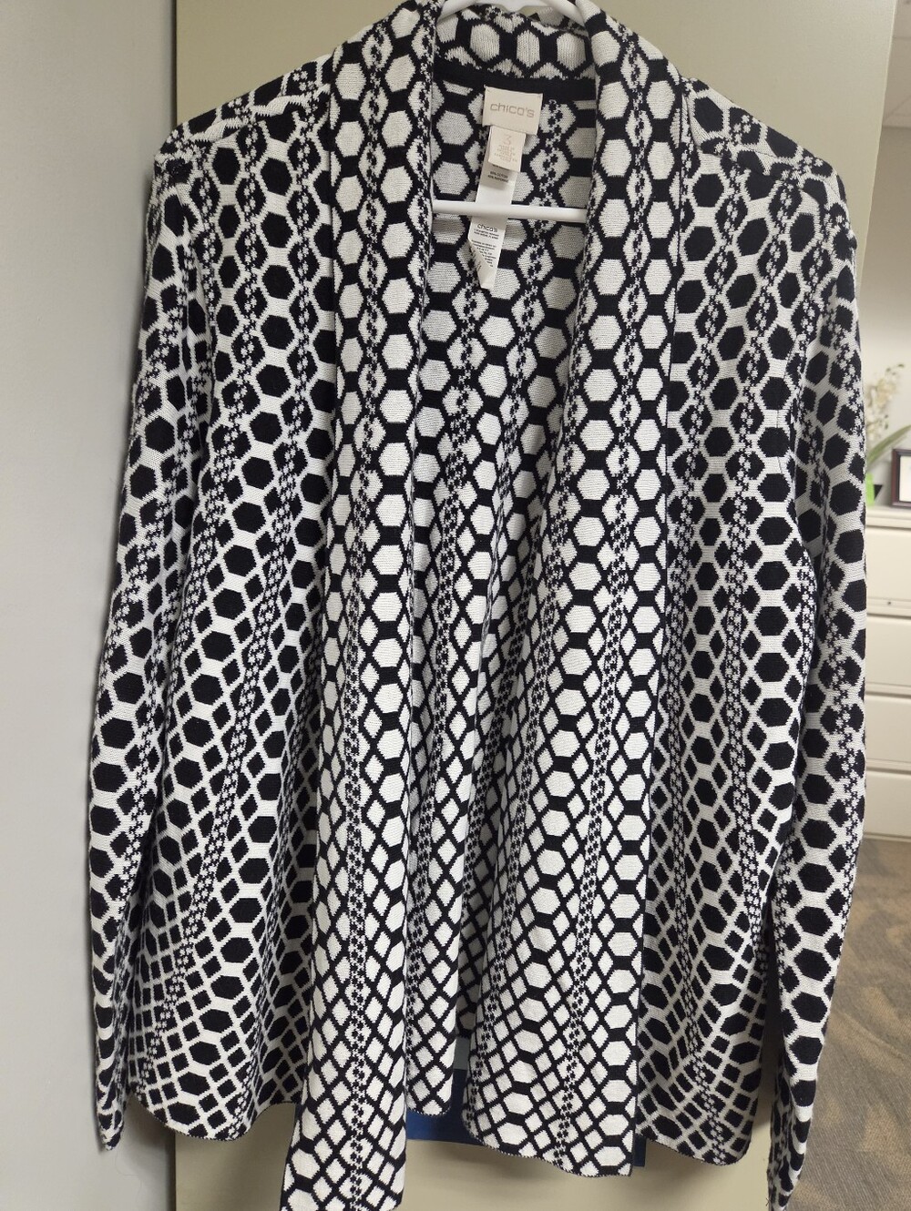 Chico's Black and White Geometric Open-Front Cardigan